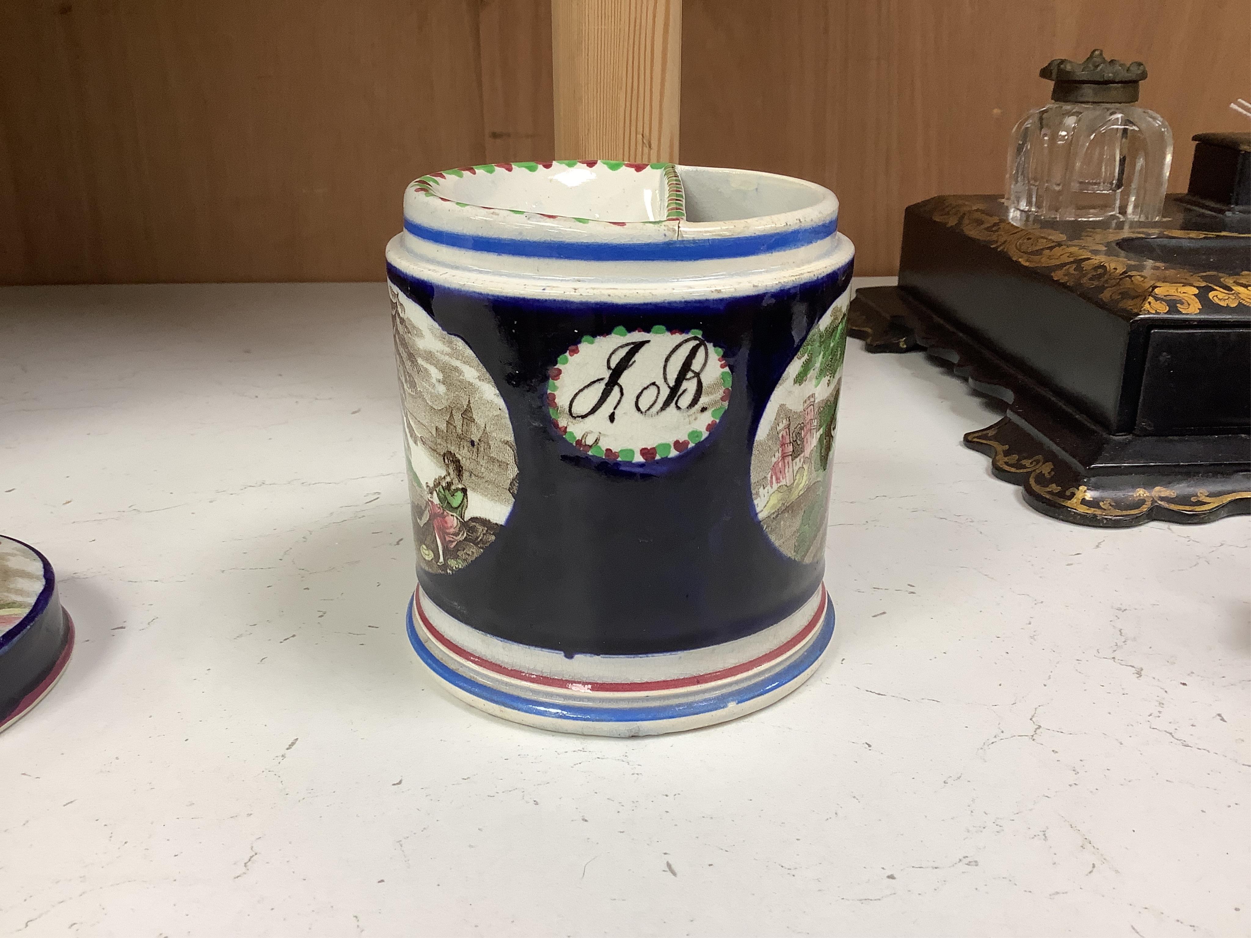 A mid 19th century pearlware teapot, a moustache mug and cover, two chinoiserie tiles and a Napoleon black and white transfer dish, Madrid 1808. Teapot and cover 16cm high. Condition - tile and teapot spout chipped